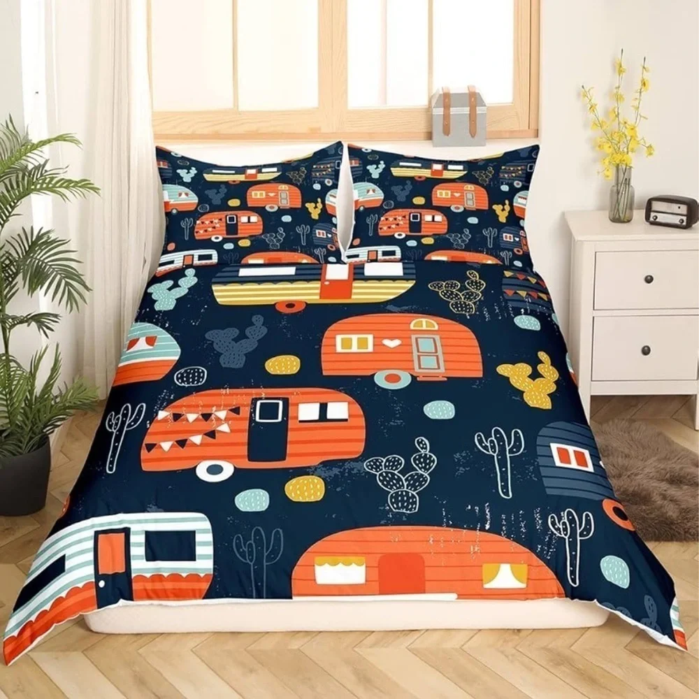 Erosebridal Happy Camper Decor Duvet Cover 3-Piece Bedding Set Full Size NEW